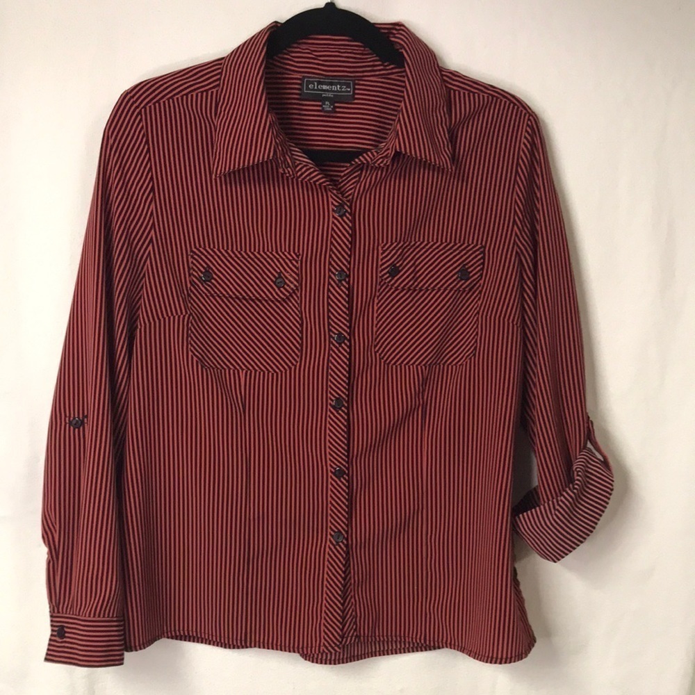 Elementz Women’s Blouse Black/Rose Stripe Button Front Long  Sleeves with Tab PL